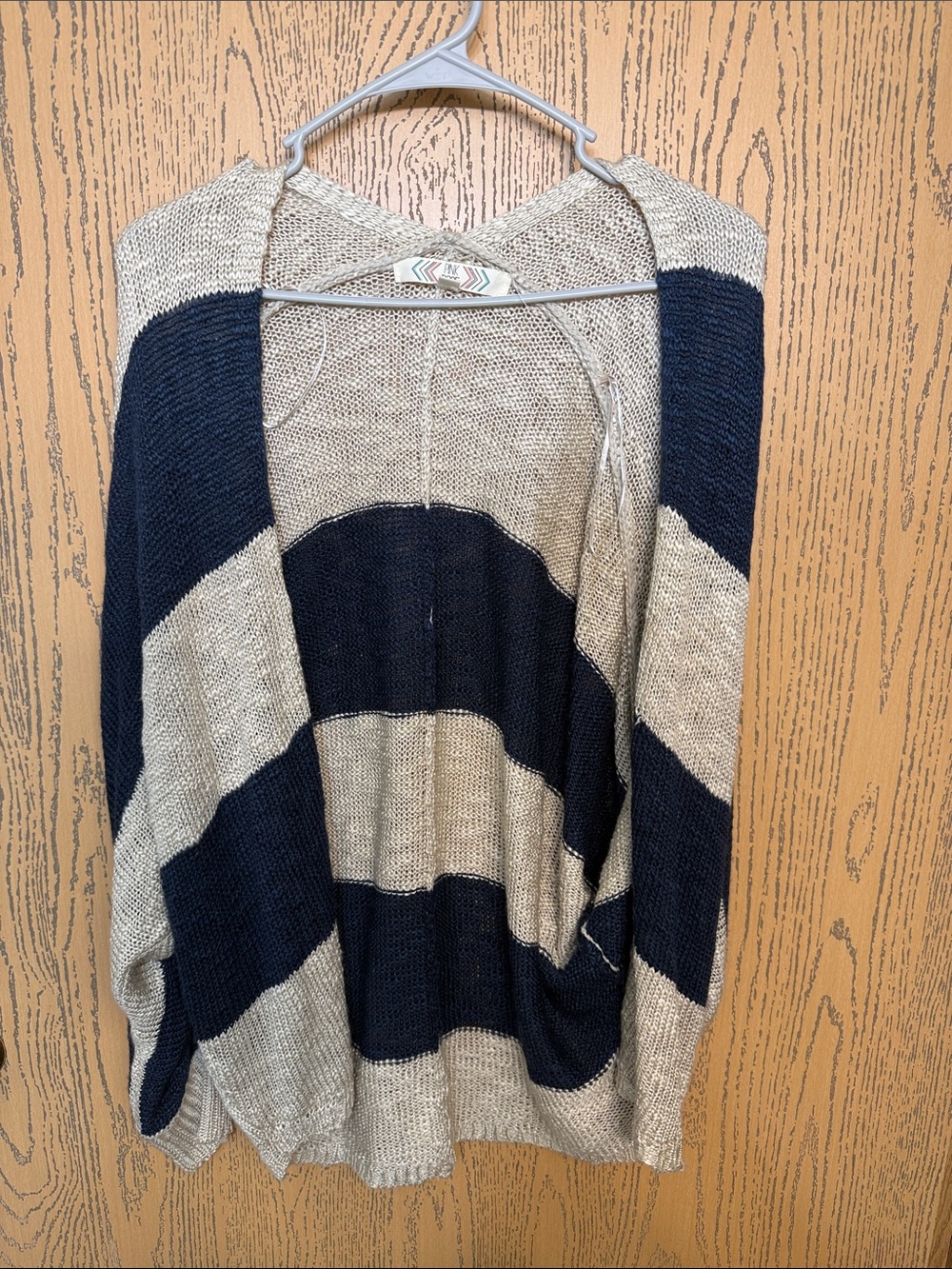 Striped Open-Front Women’s Sweater Cardigan - Navy and Tan